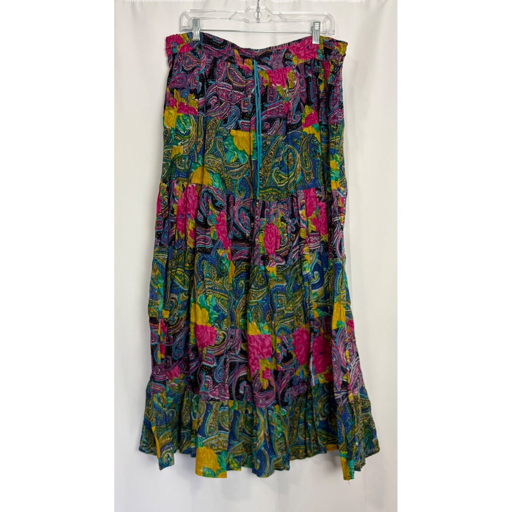 Vintage Multi Color Paisley Floral Tiered Cotton Maxi Skirt Boho Y2K 90s